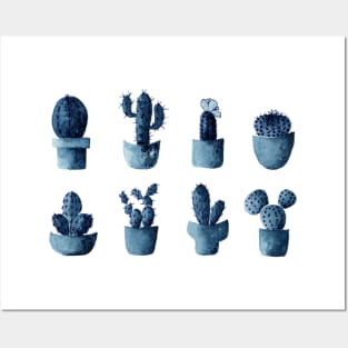 One cactus six cacti in indigo blue Posters and Art